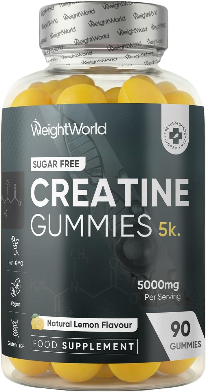Creatine Gummies for Women & Men – 5000mg – Sugar-Free – 90 Gummies – Natural Lemon Flavour – Vegan-Friendly Creatine Monohydrate Supplement – 1 Month Supply – Non-GMO & Gluten-Free