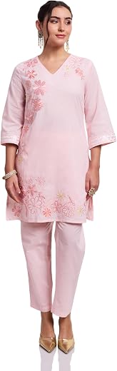 Amazon Brand - Myx Women's Pure Cotton Straight Embroidered Co-ord Set (Available in Plus Sizes)