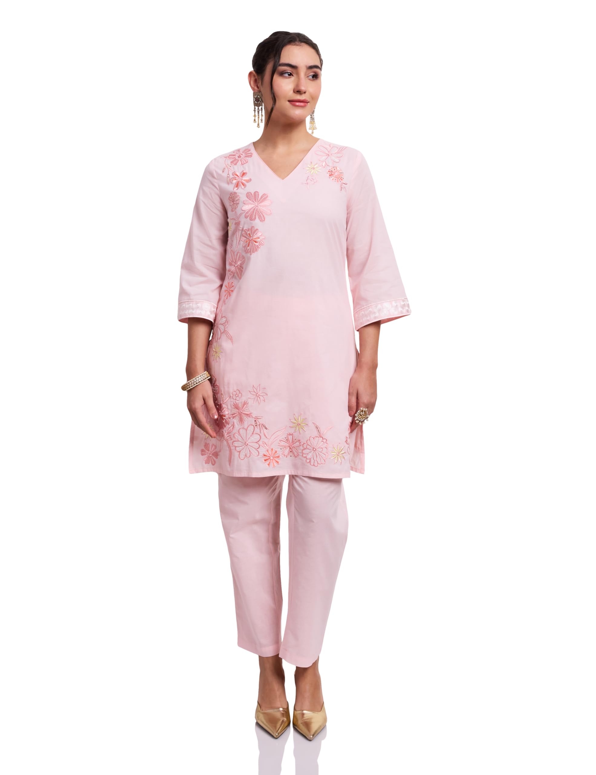 The Souled Store Women's Pure Cotton Straight Embroidered Co-ord Set (Available in Plus Sizes) in neutral