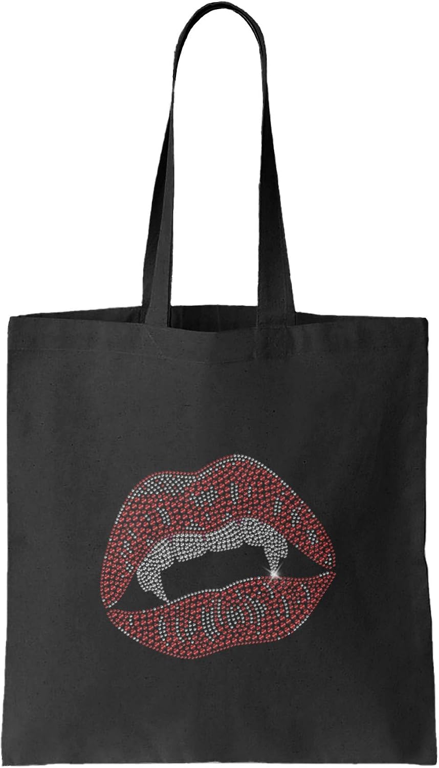 Vampire Lips - Rhinestone Halloween Reusable Grocery Tote Bag (Black)