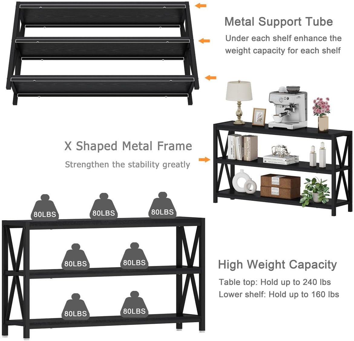 FATORRI Console Table for Entryway, Long Sofa Table with Shelves Under Window, Wood and Metal Hallway Tables for Foyer (55 Inch, Black)