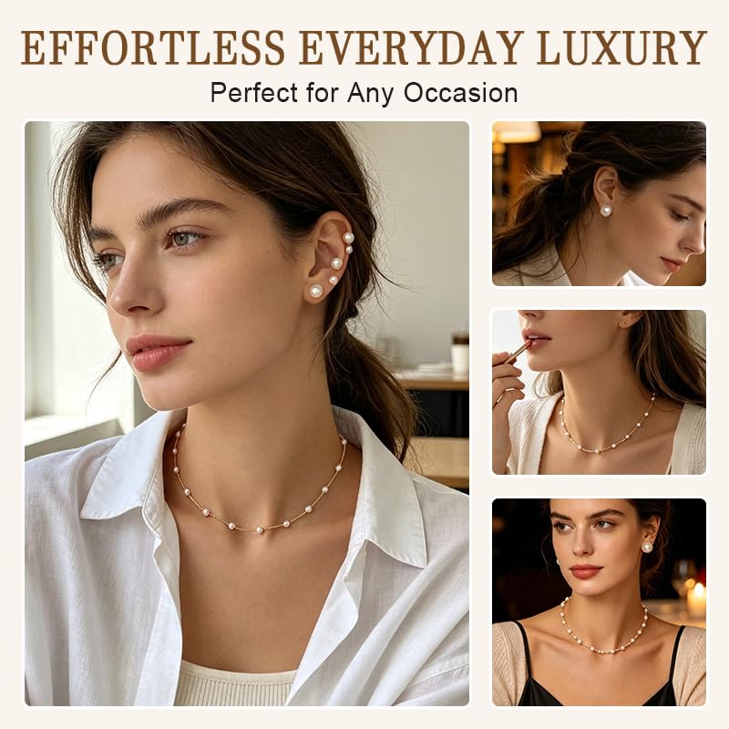 Image of Pearl Earring Stud Pearl Necklace Choker for Bride Wedding Earring Necklace