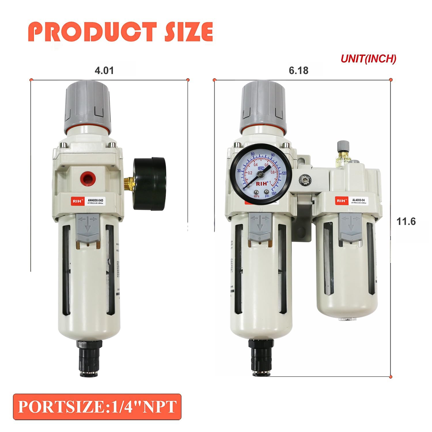 RIH Pneumatics - Regulador de filtro de aire comprimido, lubricador, combo separador de trampas de agua/aceite, calibre (0-150 psi), drenaje semiautomático, cuenco de polietileno, soporte, 3 en 1, dos