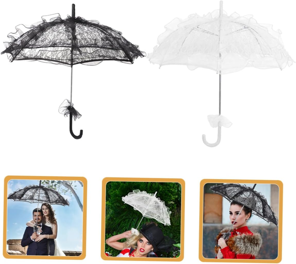 TEHAUX 2pcs Lace Parasol Umbrella for Sun Protection Vintage Bridal Lace Umbrellas in Black and White Small Decorative Stick for Wedding Photography and Tea Party Accessories