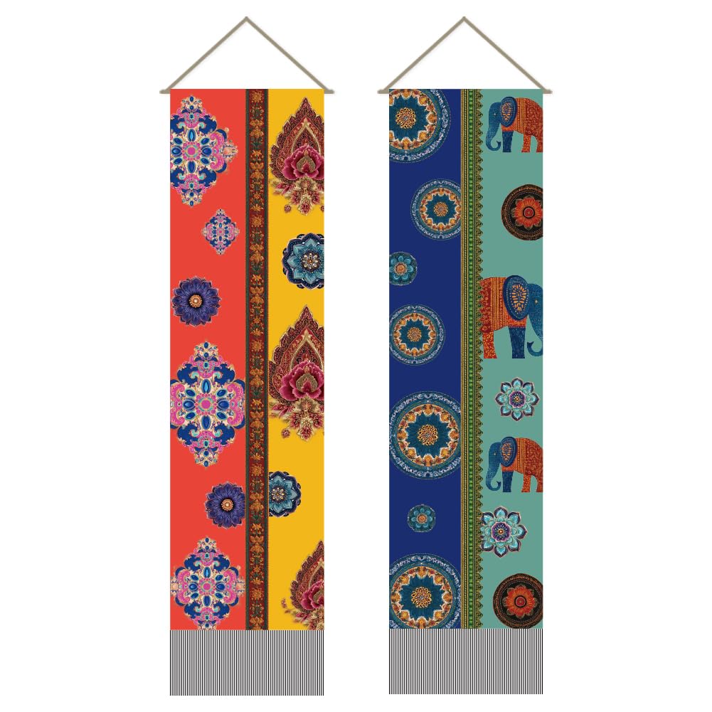 AHANDMAKER 2Pcs Indian Style Tapestry, Elephant & Floral Long Vertical Wall Hanging, Tassel Wall Tapestry Decor Mystic Aesthetic Decorations for Bedroom and Living Room (45.7x13 Inch)