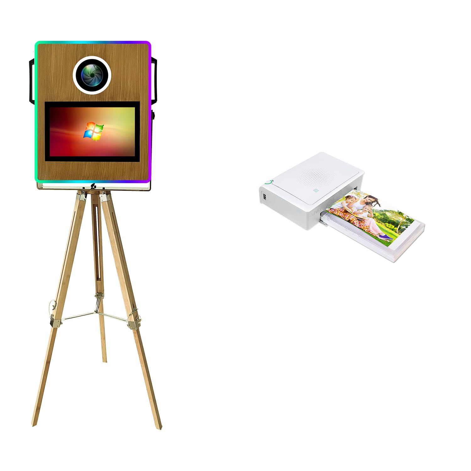 Appareil photo portable avec écran tactile de 39,6 cm (15,6 pouces), cabine photo à selfie, appareil photo reflex numérique pour mariages, fêtes, événements, (grain de bois, avec imprimante)
