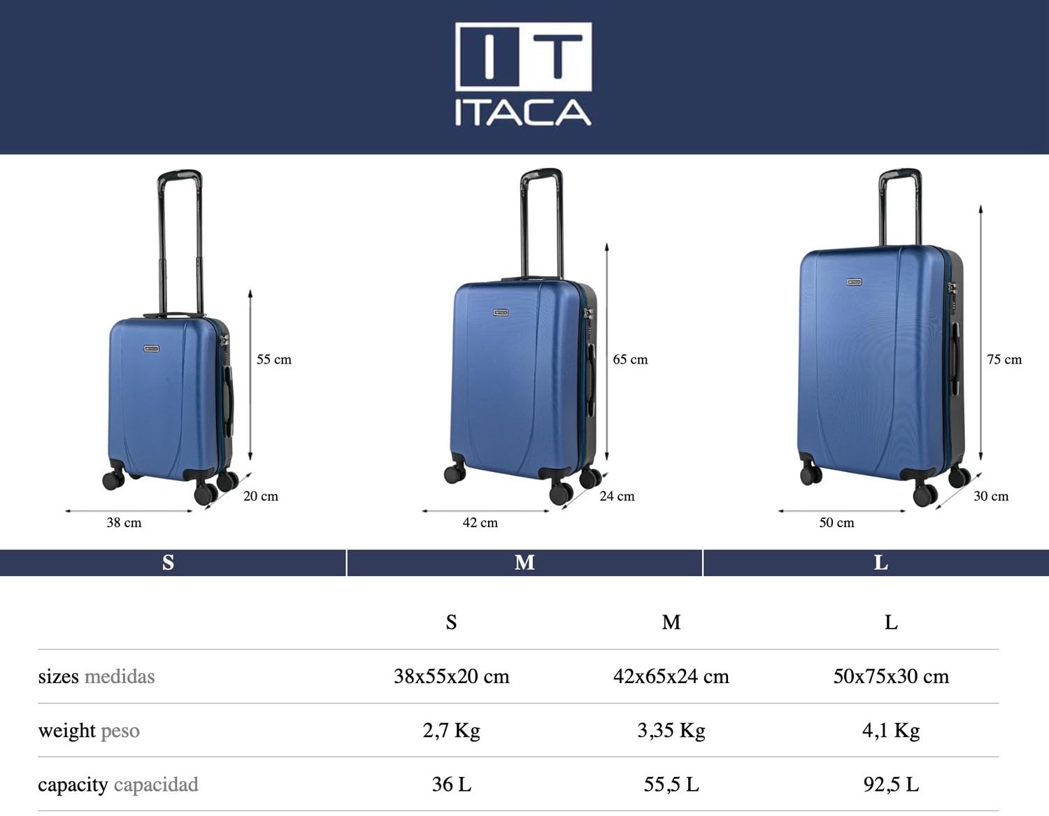 ITACA - Valigia 23Kg da stiva capiente Valigia rigida XL con ruote silenziose Trolley Grande Rigido leggero ideale per viaggi lunghi con Lucchetto a combinazione, Blu Navy-Antracite