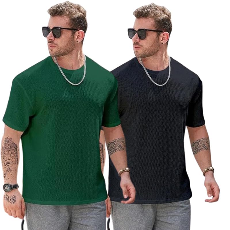 Image of Men Solid Waffle Round Neck Oversized /Dropshoulder |Baggy| Summer T Shirt for Ment Shirt