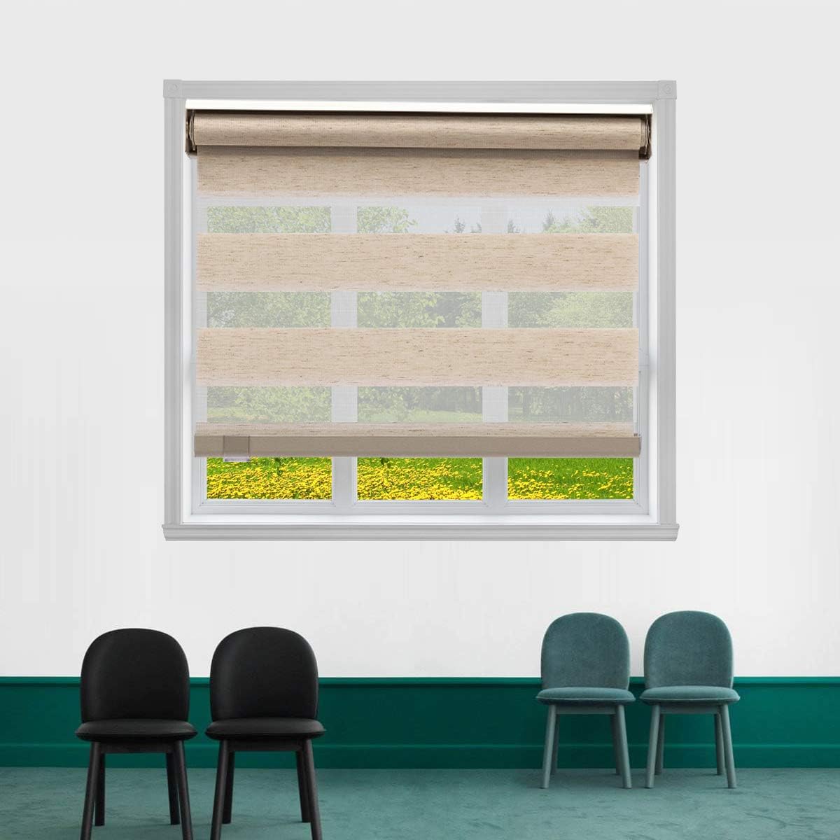 TJ Global Cordless Zebra Roller Window Shades, Dual Layer Sheer Blinds Window Treatment for Privacy and Light Control - Beige (44" x 72")