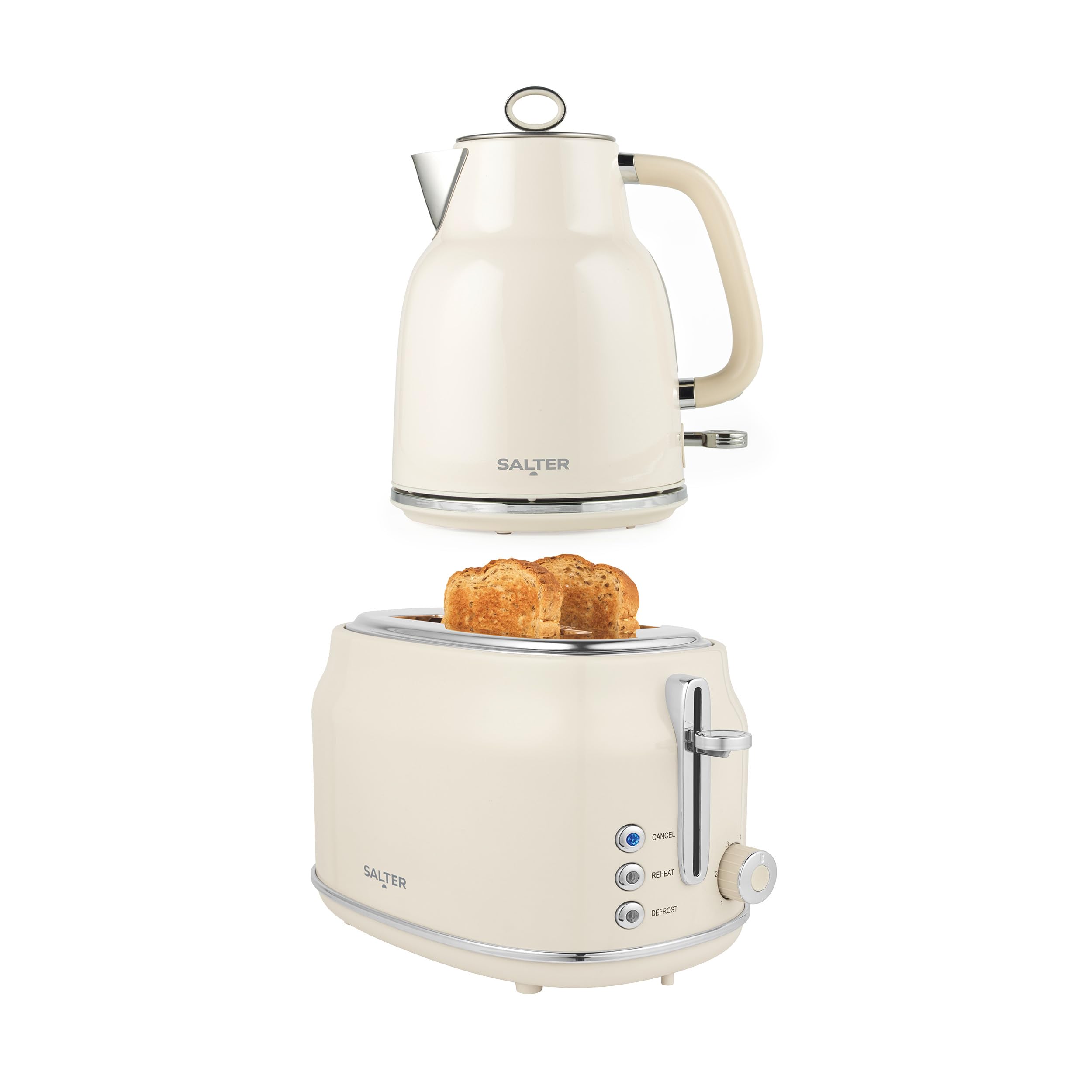 Salter Retro Cream Kettle & Toaster Set – 1.7L 3KW Rapid Boil Cordless Kettle with Boil Dry Protection & Auto Shut-Off, 815W 2-Slice Wide Slot Toaster with 6 Browning Levels & Defrost/Reheat/Cancel — image 1