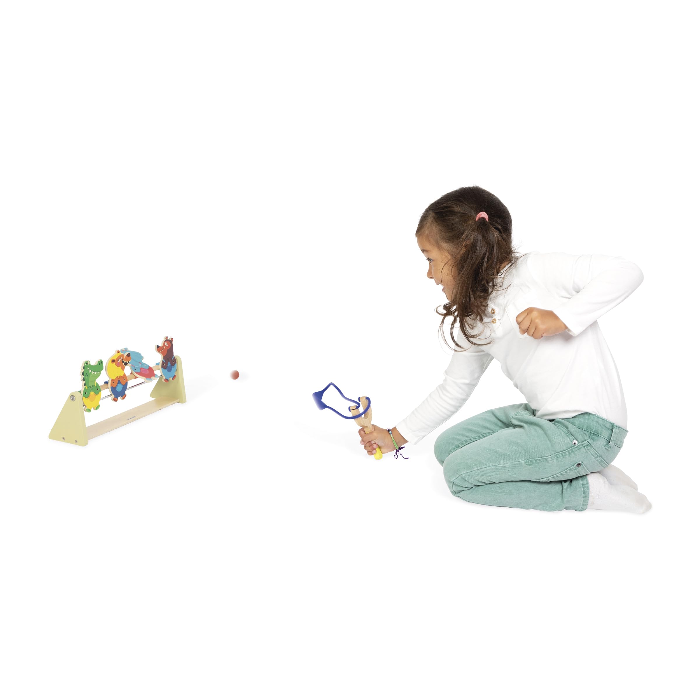 Janod Tiro a Segno in Legno per Bambini, Gioco con Bersaglio, 4 Personaggi, 1 Lanciatore, 2 Palline in Feltro, Sviluppa precisione e concentrazione, Giocattolo in Legno, da 5 Anni, J03372
