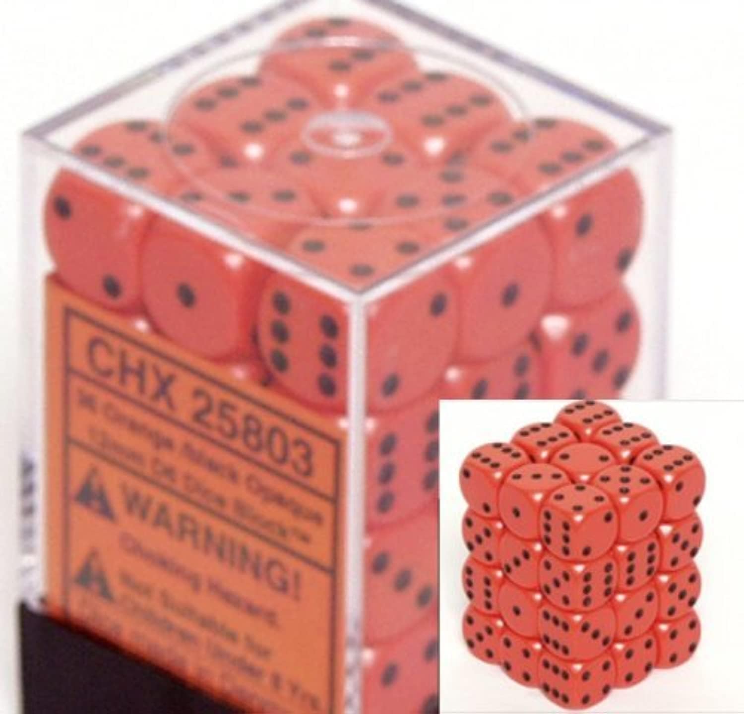 Dice d6 Sets: Opaque Orange with Black - 12mm Six Sided Die (36) Block of Dice