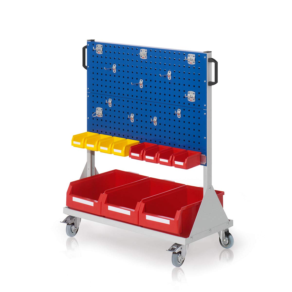 RasterMobil rozmiar 3 RAL 7035/5010, wys. 1230 x szer. 1000 x gł. 500 mm | 1 x asortyment uchwytów narzędziowych 12-częściowy, 1 x uchwyt do widoku magazynowego 990 mm, 3 x pojemniki magazynowe