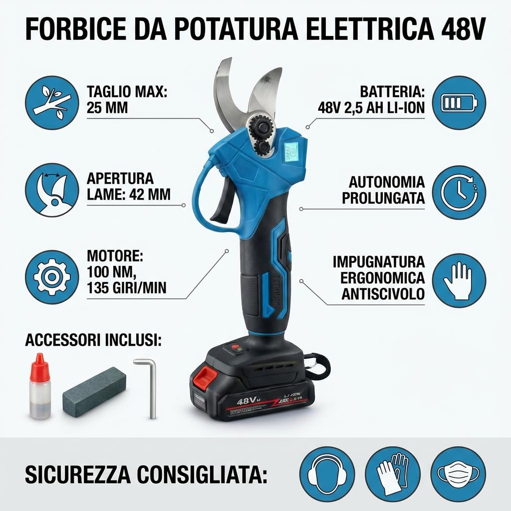 MAKA Forbici Potatura con 2 Batterie da 68V - 6000 mAh - Lunga Autonomia, Trincia Rami Professionale con Display Digitale, Cesoia Elettrica Diametro Potatura 30mm, Ideale per Frutteto, Vigneto (48V)