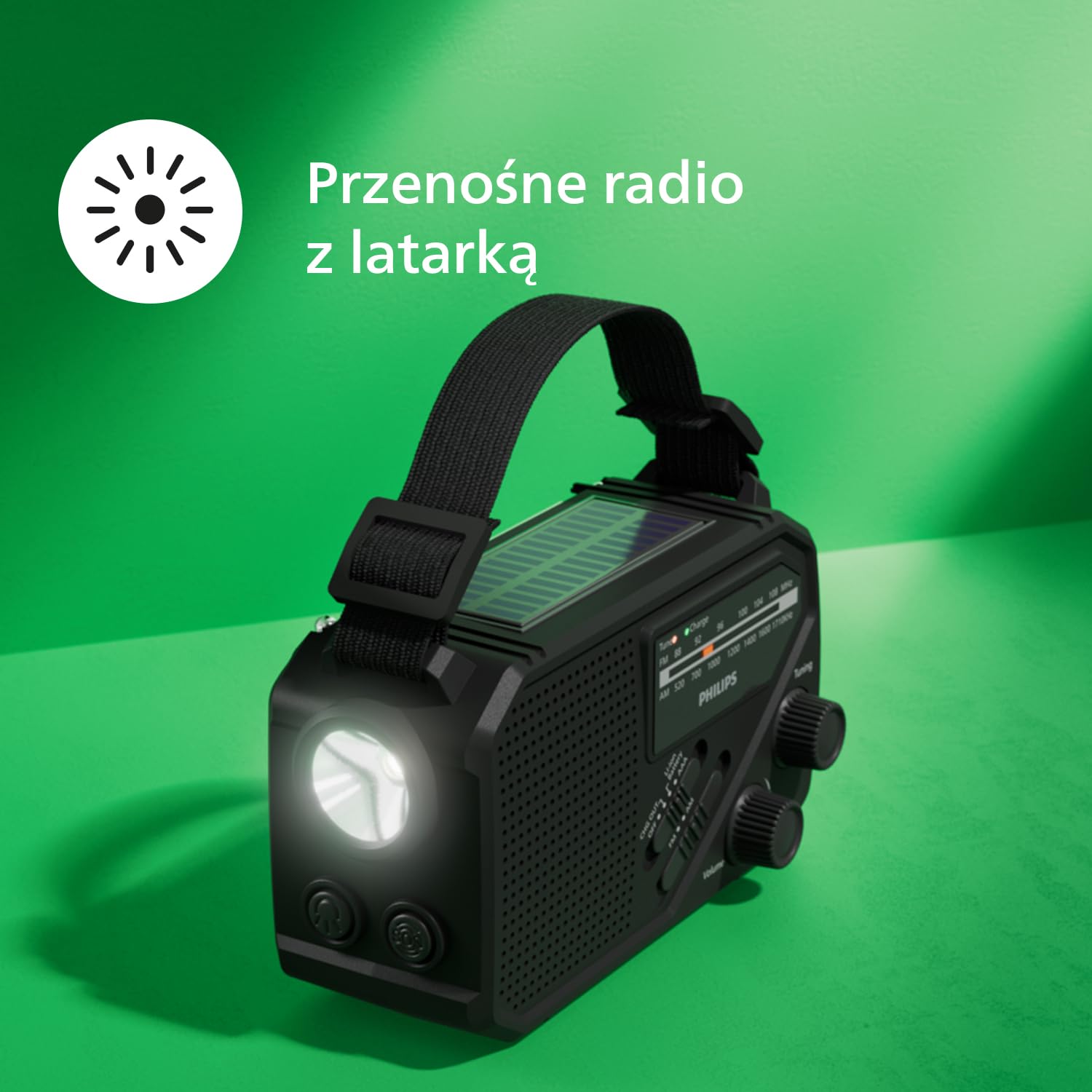 Philips TAR1609 – przenośne radio FM/AM z akumulatorem, komorą na baterie AAA i korbą, zasilaniem z paneli słonecznych, lampką LED i latarką, przydatne na biwaku, w czasie wędrówek i awarii energii