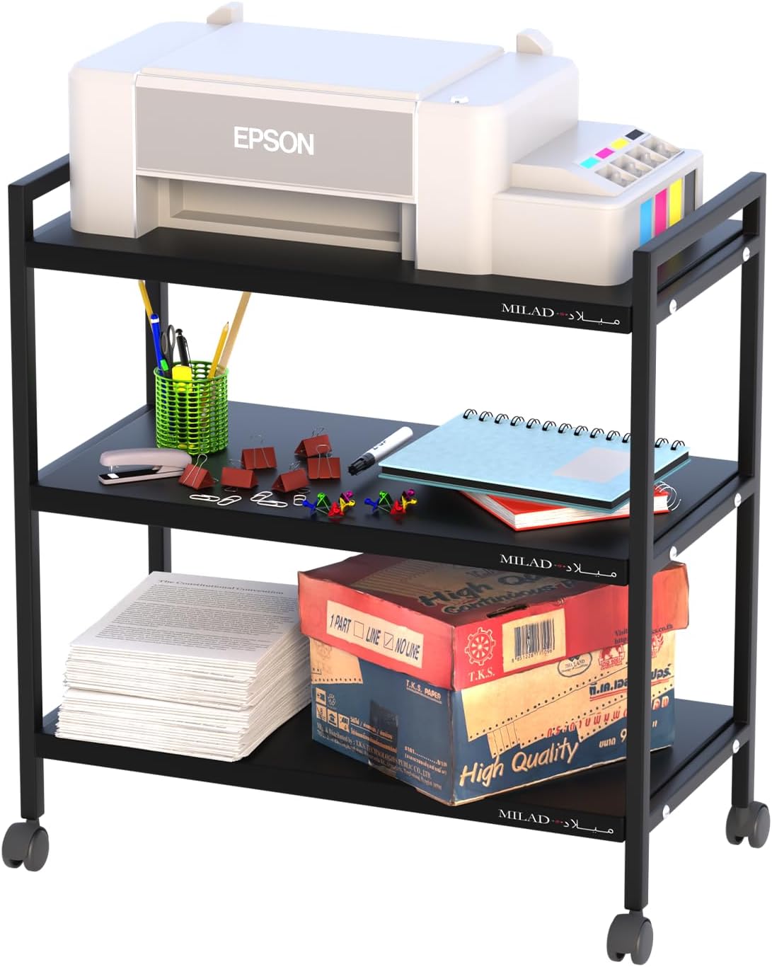 SAIFIX 3-Tier Rolling Trolley with Wheels | Heavy Duty Multifunctional Metal Frame Cart | Ideal for Home, Kitchen, Bathroom and Office Storage | Storage Organizer (Black)