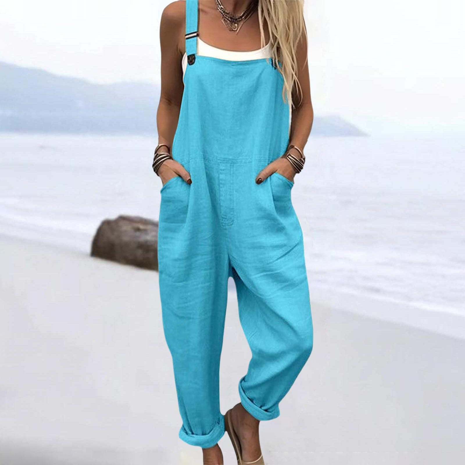 Generico Salopette Donna Estiva Lunga Elegante Tuta Jumpsuit Intera Curvy Casual Moda Stampa Jumpsuits Comoda Larga Pantaloni Da Lavoro Con Tasca Leggera Baggy Salopettes da Casa, Playsuit Spiaggia