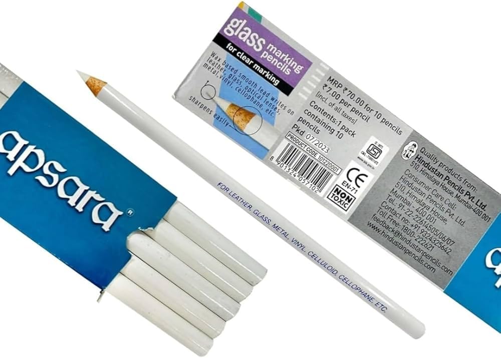 apsara glass marking pencil – white | clear & visible marking on glass, metal, plastic & smooth surfaces | easy to erase | pack of 10 pencils