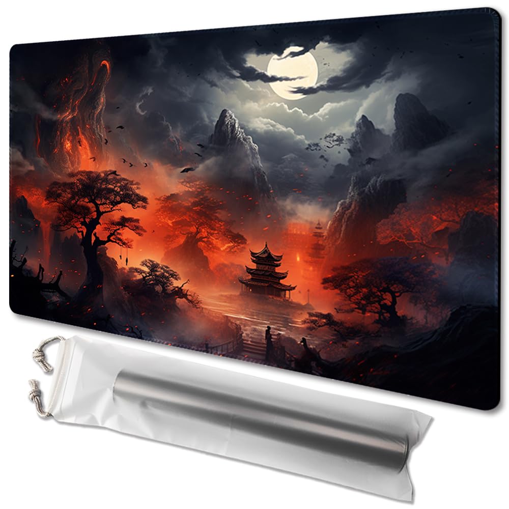 MTG Playmat Size 24x14in Free Storage Bags Non-Slip Backing Printing, Ideal for Card Game Enthusiasts TCG Playmat (Burning Forest Loft,No with Zone)