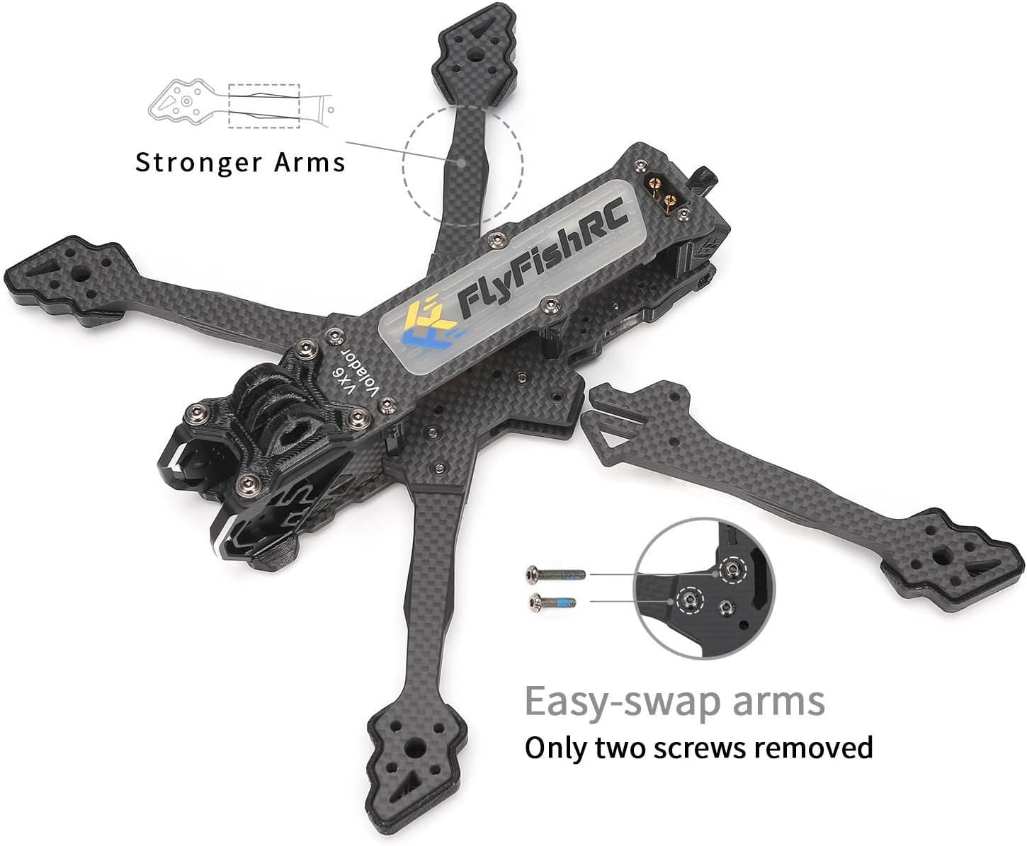 FlyFishRC Volador VX6 T700 Carbon Fiber Frame Kit Compatible for DJI O3 Air Unit Caddx Vista FPV Freestyle Long Range Hobby RC Quadcopters Multirotors Drone Quad Frames Kit w/TPU Parts