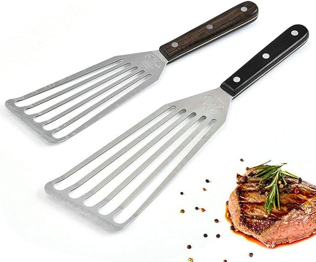 GuDoQi Fish Turner Set, 2 Pieces (11 inch & 12.5 inch), Professional Fish Spatula, Wooden Handle, Stainless Steel Fish Slice, Non Stick Frying Spatula for Cooking Fish, Egg, Meat, Dumpling Frying
