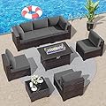 RTDTD Outdoor Patio Furniture Set with Propane Fire Pit Table, 8 Pieces Outdoor Furniture Patio Sectional Sofa Conversation Set w/ETL Approved 43" Gas Outdoor Fire Table & Coffee Table (Grey)