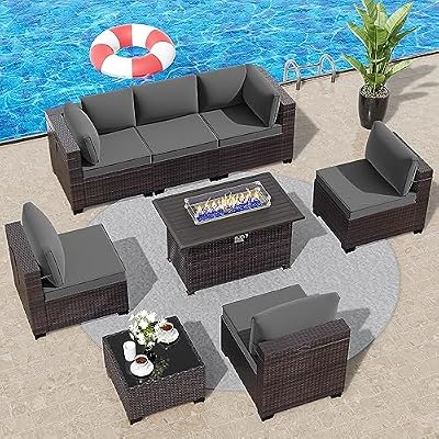 RTDTD Outdoor Patio Furniture Set with Propane Fire Pit Table, 8 Pieces Outdoor Furniture Patio Sectional Sofa Conversation Set w/ETL Approved 43" Gas Outdoor Fire Table & Coffee Table (Grey)