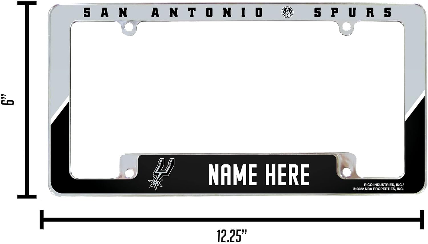 Rico Industries NBA Basketball San Antonio Spurs Personalized/Custom 12" x 6" Chrome All Over Automotive License Plate Frame for Car/Truck/SUV