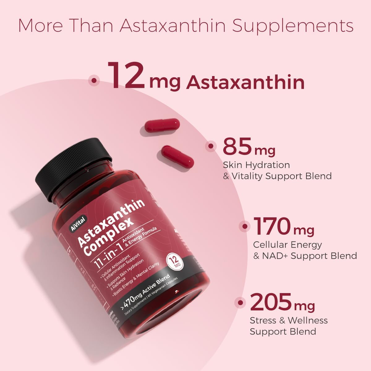 AiVital™ Astaxanthin 12mg,Natural Antioxidant Supplements from Microalgae,11-in-1 Astaxanthin Complex for Energy,Skin& Eyes Health, Non-GMO, Gluten Free,60 Capsules, 2-Month Supply - Image 3