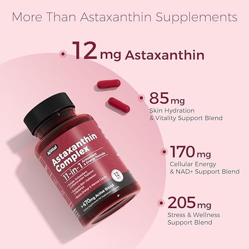 Miniatura 3 de Astaxantina 12 mg, suplementos antioxidantes naturales de microalgas, complejo de astaxantina 11 en 1 para la piel, ojos, salud celular, impulso de