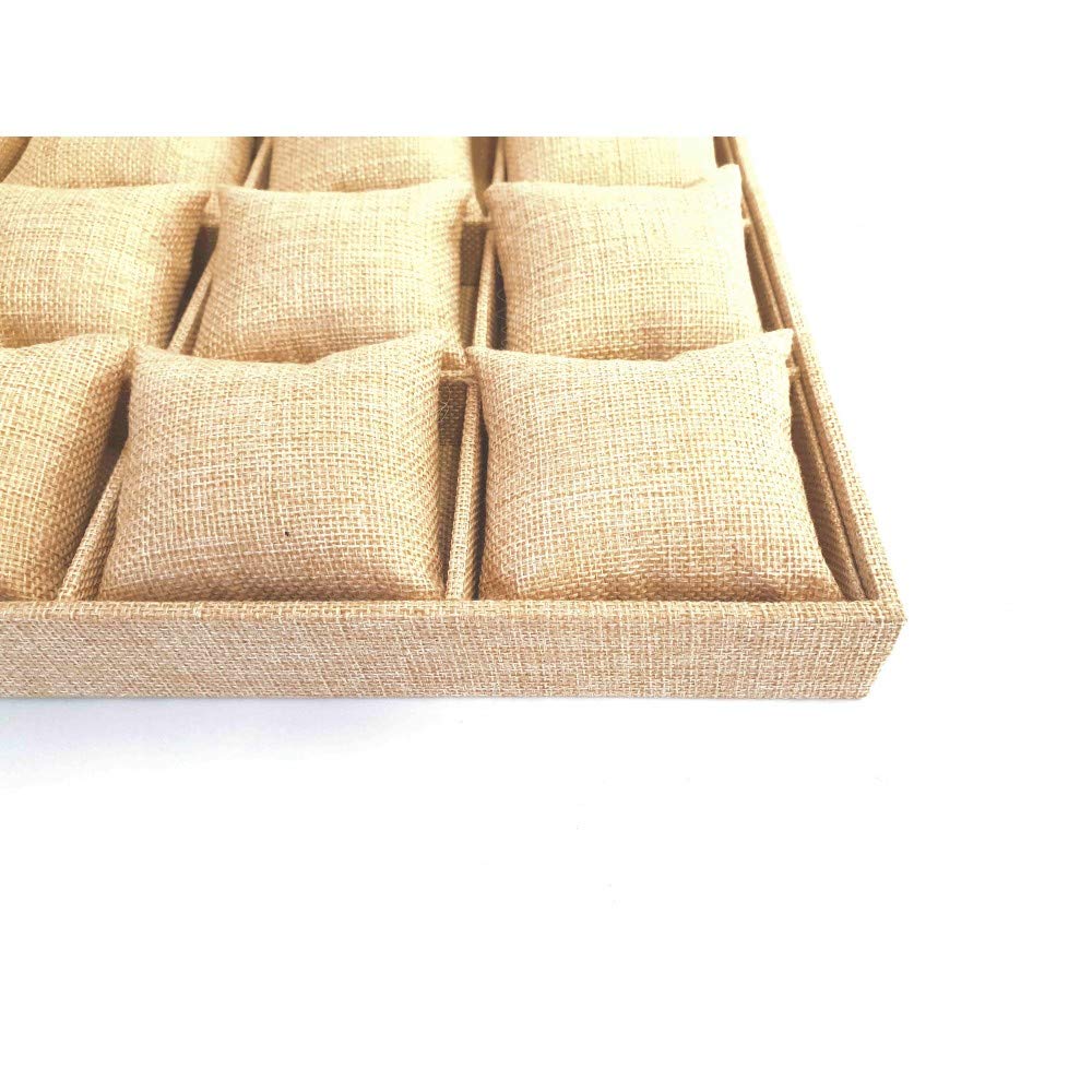 Plateau Bijoux Bracelets Montres Toile de Jute 12 Coussins Naturel