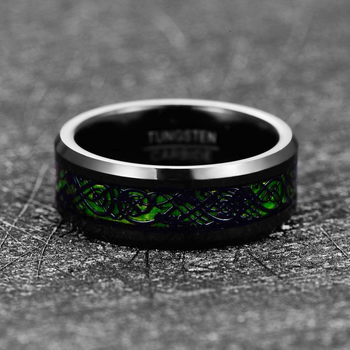 TUNGSTORY 8mm Black Tungsten Rings for Men Celtic Dragon Wedding Ring with Blue/Green Carbon Fiber/Red Opal Paper Inlay Comfort Fit Size 5-14 - Image 3