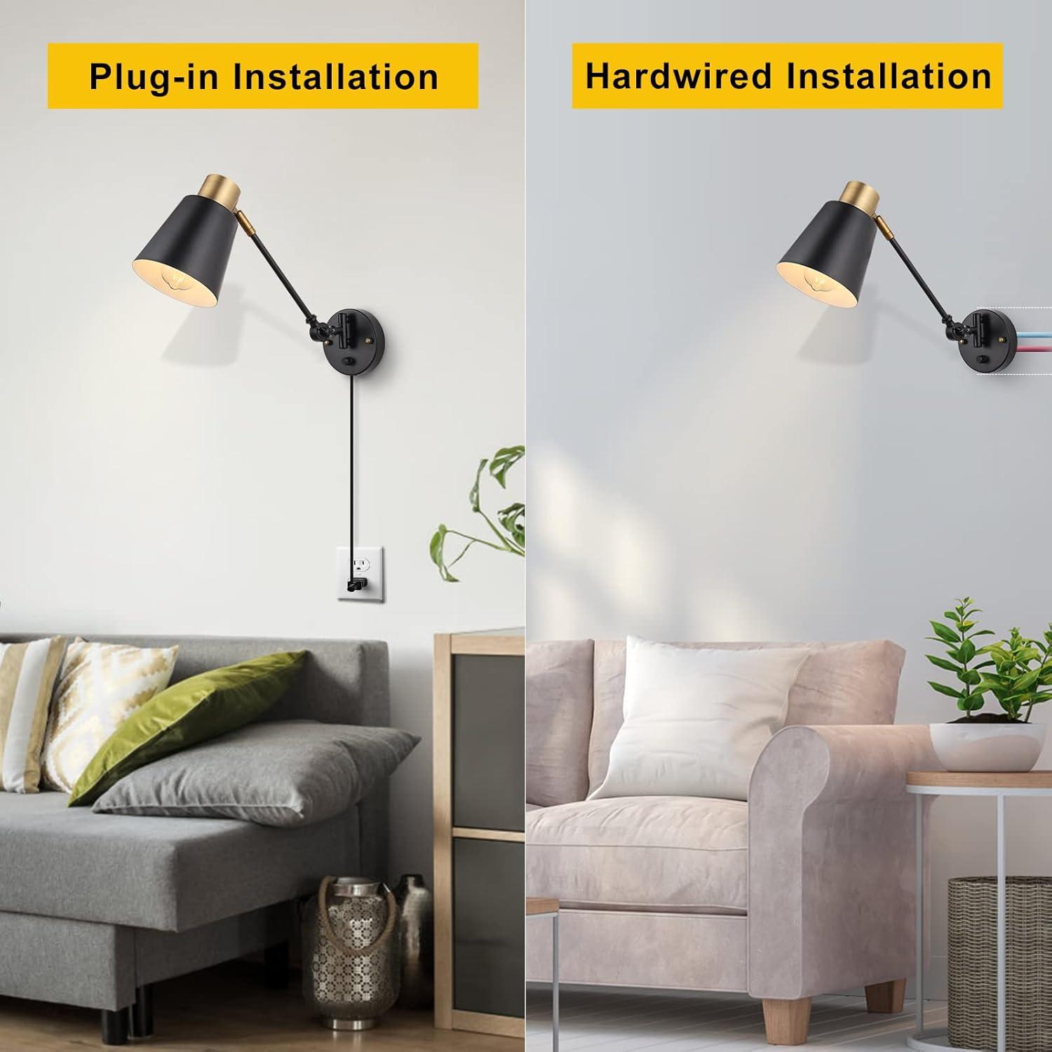 Dimmable Wall Lamp with Plug in Cord, Plug in Wall Sconces, Swing Arm Wall Light with On Off Switch, Metal Black Brass Industrial Wall Lamp for Bedroom, Living Room, E26 Base
