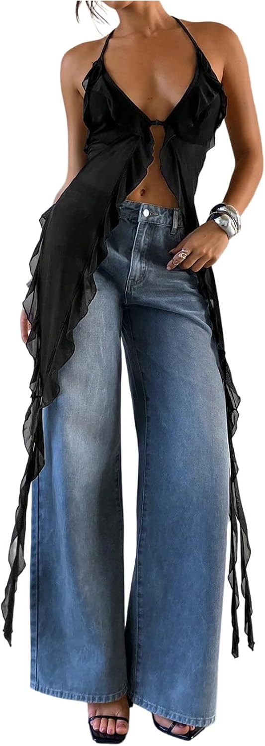 SHENHE Women's Split Front Ruffle Flowy Long Halter Top Backless Sexy Boho Country Concert Top