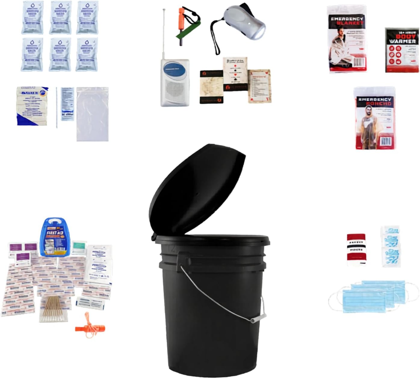 Guardian 1-Person Necessity Survival Kit (Bucket & Toilet Seat Lid) 72-Hour Emergency Kit with Food & Water, Plus AM/FM Radio, Dynamo Flashlight, First Aid