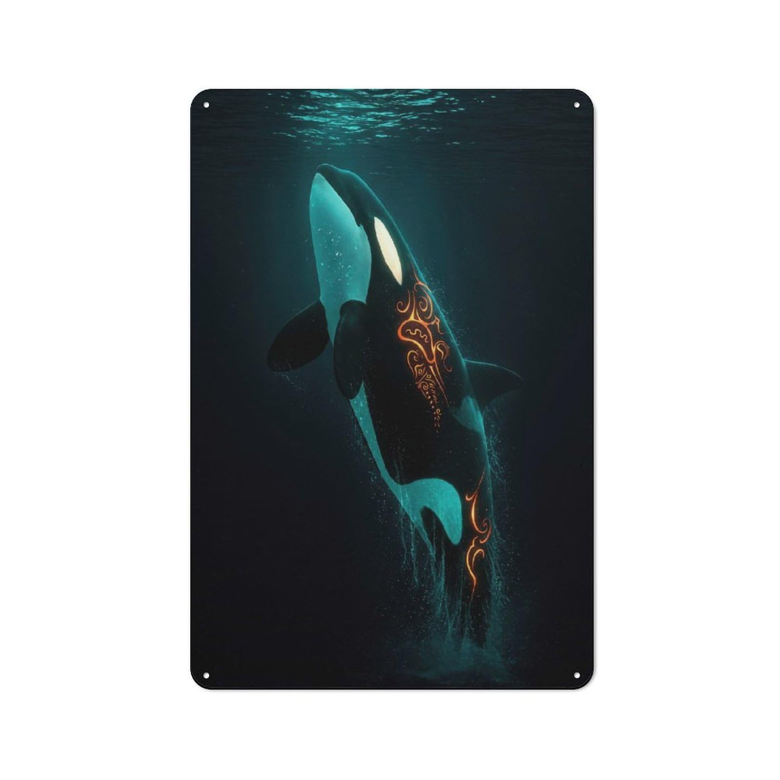 Junmoney Orca With Tribal Markings In Deep Sea Metal Wall Sign 30X20cm Featuring For Café Or Restaurant, For Vintage Wall Decor Fans, For Metal Sign Collectors