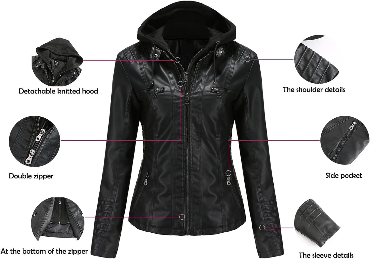 Damen Casual Stehkragen Abnehmbare Kapuze PU Leder Jacke Kunstleder Jacke