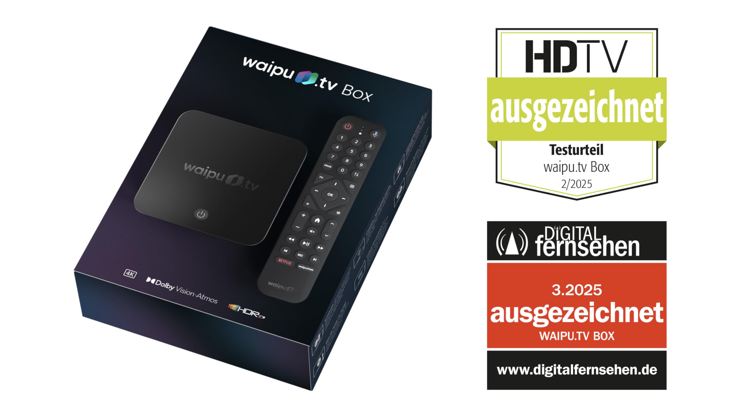waipu.tv Box | Telecomando con illuminazione | Televisione via Wi-Fi | LAN | HDMI | 4K | HDR10+ | Dolby Vision | Dolby Atmos | Voucher per 3 mesi 300 canali TV e 40.000 film e serie