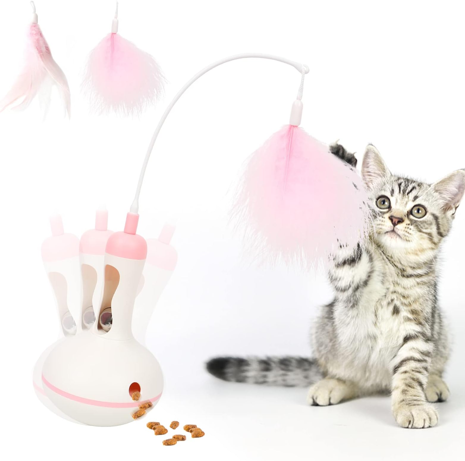 2 in 1 Cat Toys, Interactive Tumbler & Leaking Food Design with Two Feather Sticks & Bells