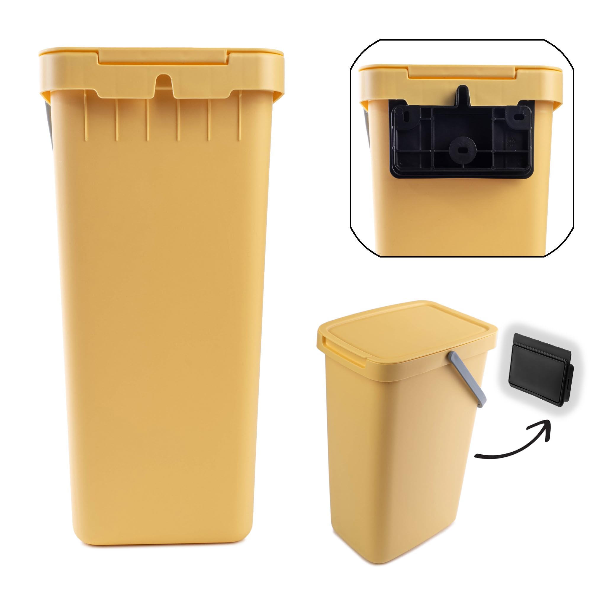 KADAX Abfallbehälter 25L, 3er Set, Abfalleimer aus Plastik mit Deckel und Griff, Mülleimer für Mülltrennung, Abfallsammler mit Klappdeckel (Grün, Gelb, Blau)