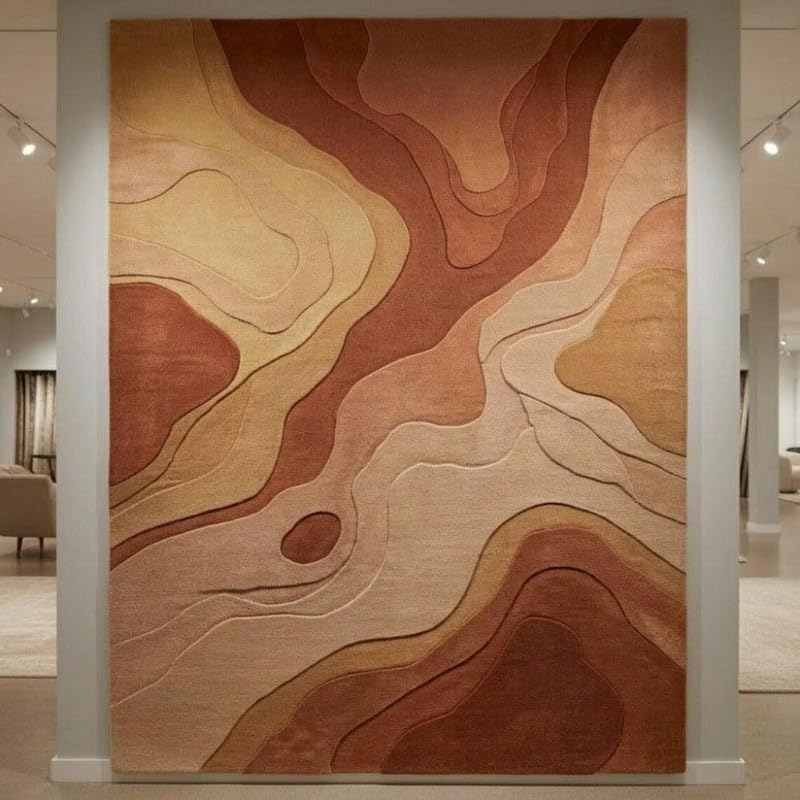 Hand Tufted Wool Area Rug 8x11 Ft (96x132 Inch) Modern Abstract Rust Brown Beige Carpet for Living Room Bedroom Soft Thick Handmade Luxury Designer Rug