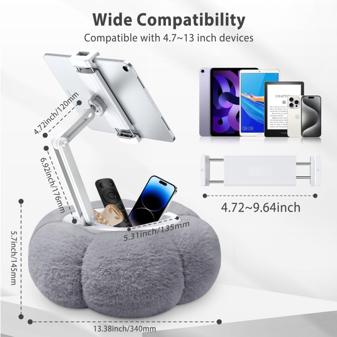 CreaDream Pumpkin - Supporto per cuscino da tablet per Kindle, regolabile, con ciotola per snack rimovibile, compatibile con tablet da 4,7"-13", iPad, iPhone, Samsung Tabs, grigio