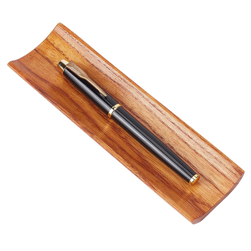 PLIGREAT Wood Pen Tray, Arch Shape Pens Display Holder Brown Wooden Pen Desk Organizer for Office Stationery Desk Decor Retro Home Bedroom Decoration, 18.5x5.5x1.5cm