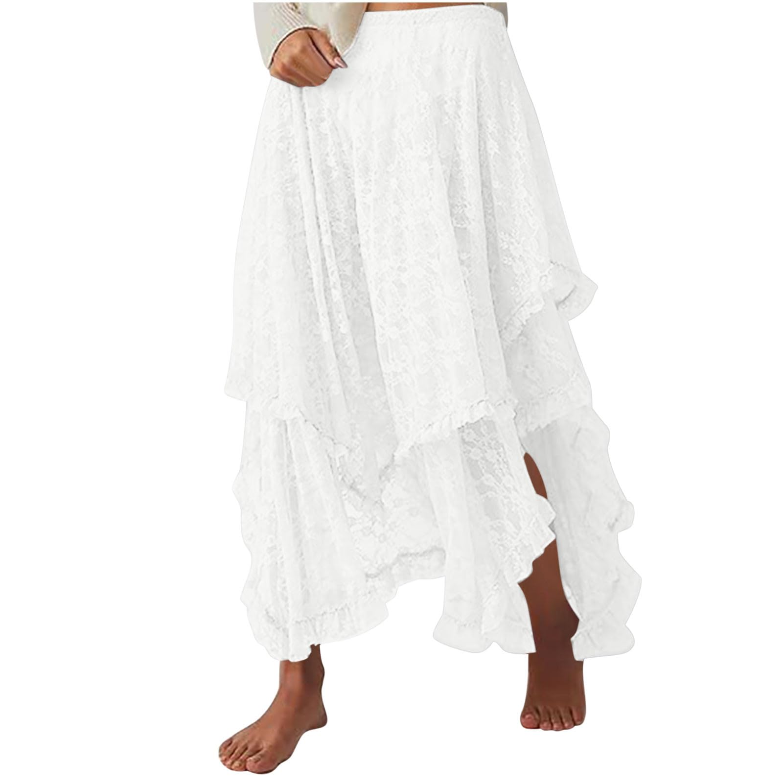 Womens Long Maxi Skirt Layered Elastic High Waist Tiered Irregular Hem Pleated Floral Lace A-Line Boho Long Skirts