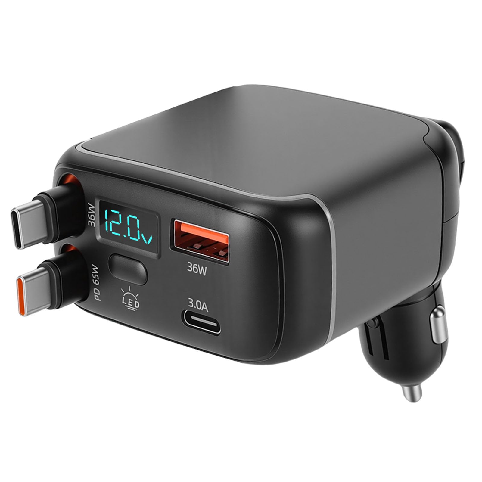 Adattatore Caricabatteria da Auto USB C, Ricarica Rapida 4 in 1 Retrattile da 137 W con Display LED, Illuminazione Ambientale, Doppi Cavi di Tipo C, Design Pulito e Ordinato,