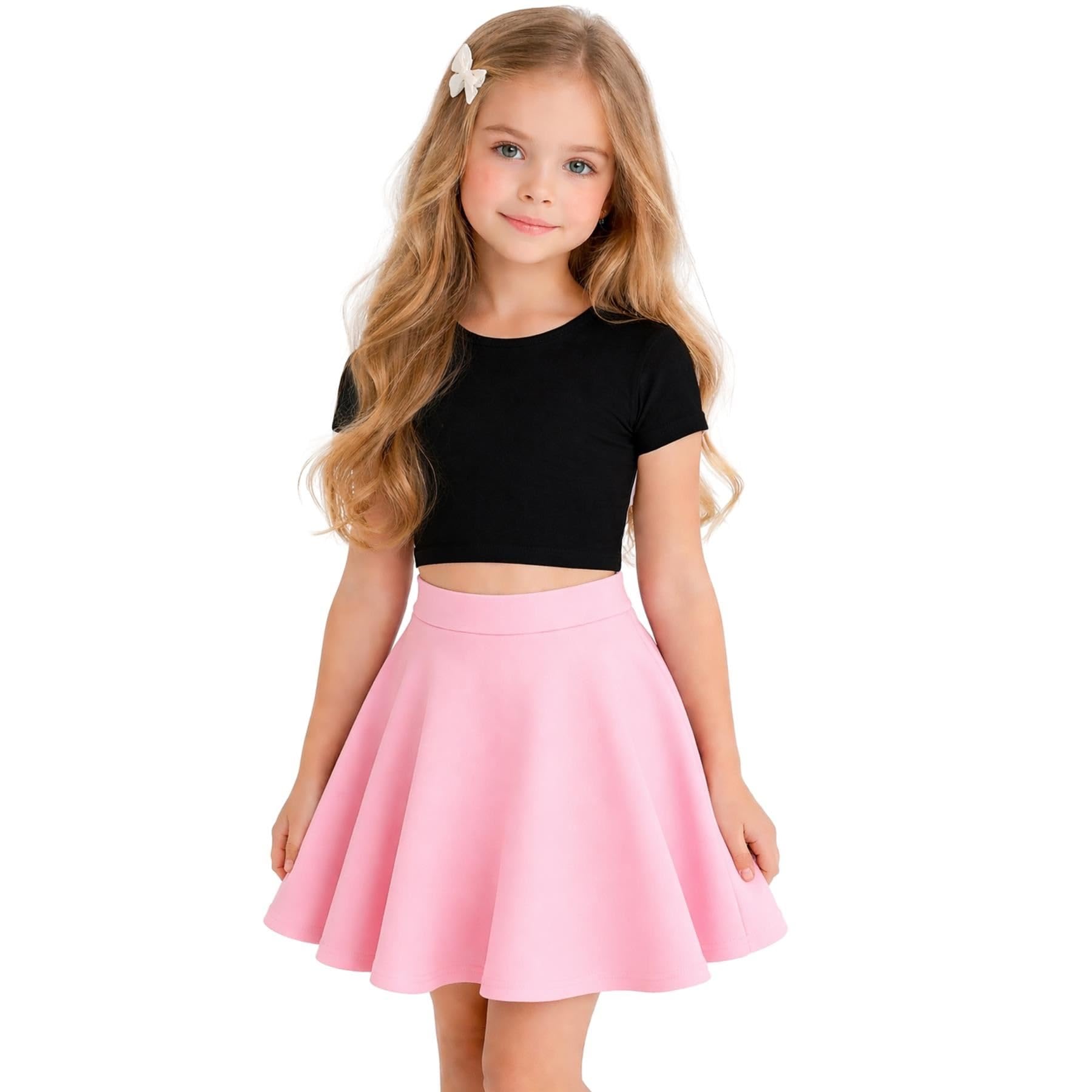 Janisramone Completo estivo da bambina, con top corto svasato, gonna svasata, per feste scolastiche, set da 2 pezzi, 3-13 anni