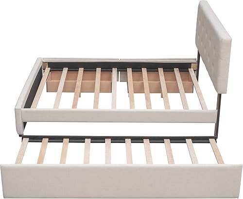 Miniatura 6 de SIYSNKSI Moderna cama de plataforma de tamaño Queen con 2 cajones y 1 nido individual XL marco de cama tapizado con listones de madera y cabecero