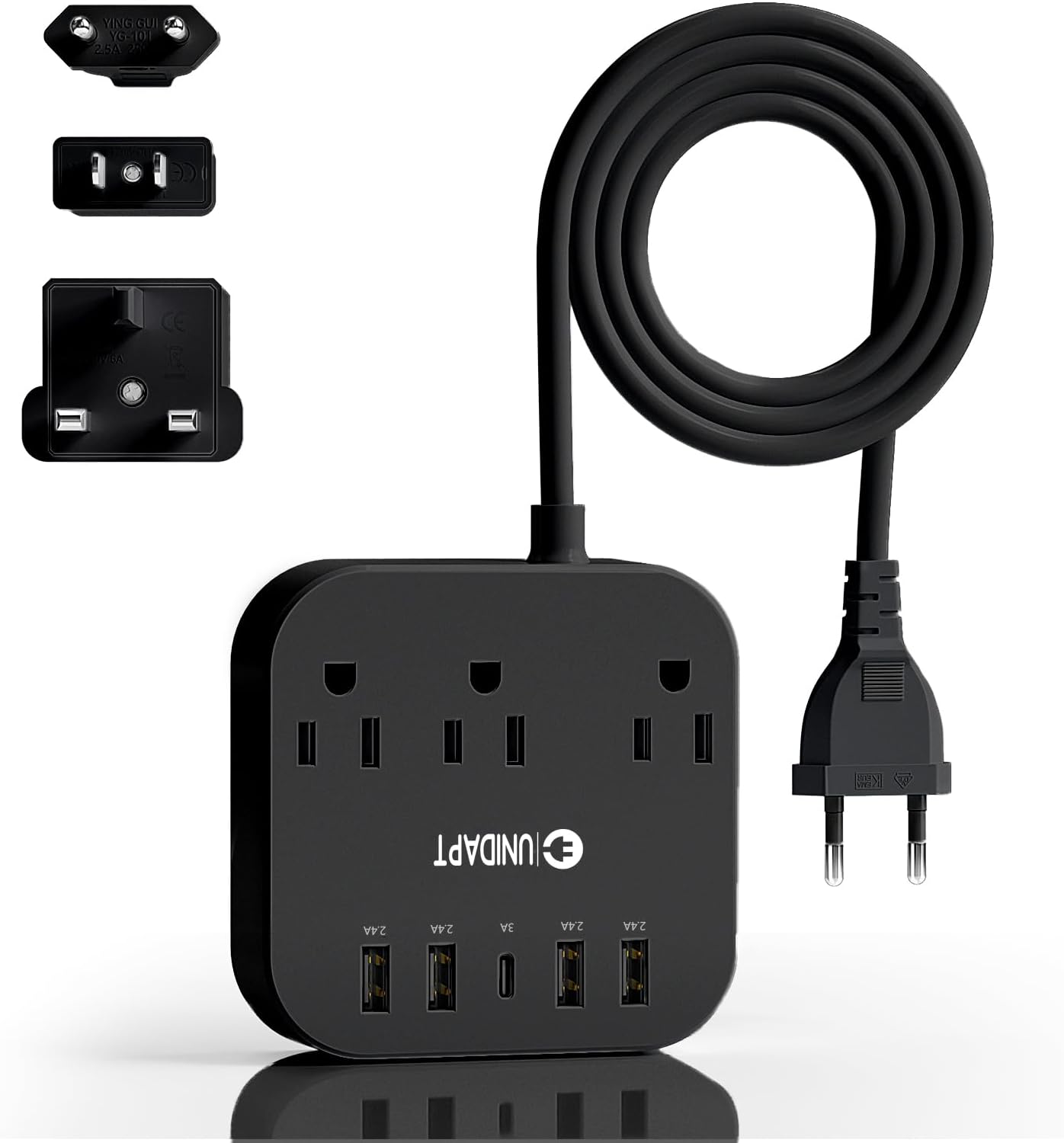 European Plug Adapter, Unidapt US to UK Europe Power Strip for EU/UK/US with USB C and 4 USB Ports, 3 AC Outlets, Wall Mountable, 5ft Extension Cord, for Travel Cruise Ship Home (Black) European Plug Adapter, Unidapt US to UK Europe Power Strip for EU/UK/US with USB C and 4 USB Ports, 3 AC Outlets, Wall Mountable, 5ft Extension Cord, for Travel Cruise Ship Home (Black)