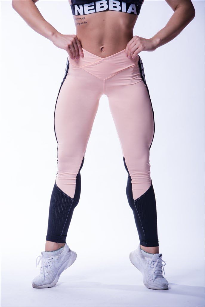 NEBBIA, High waist leggings, mesh in a contrast colors, color Salmon, size M