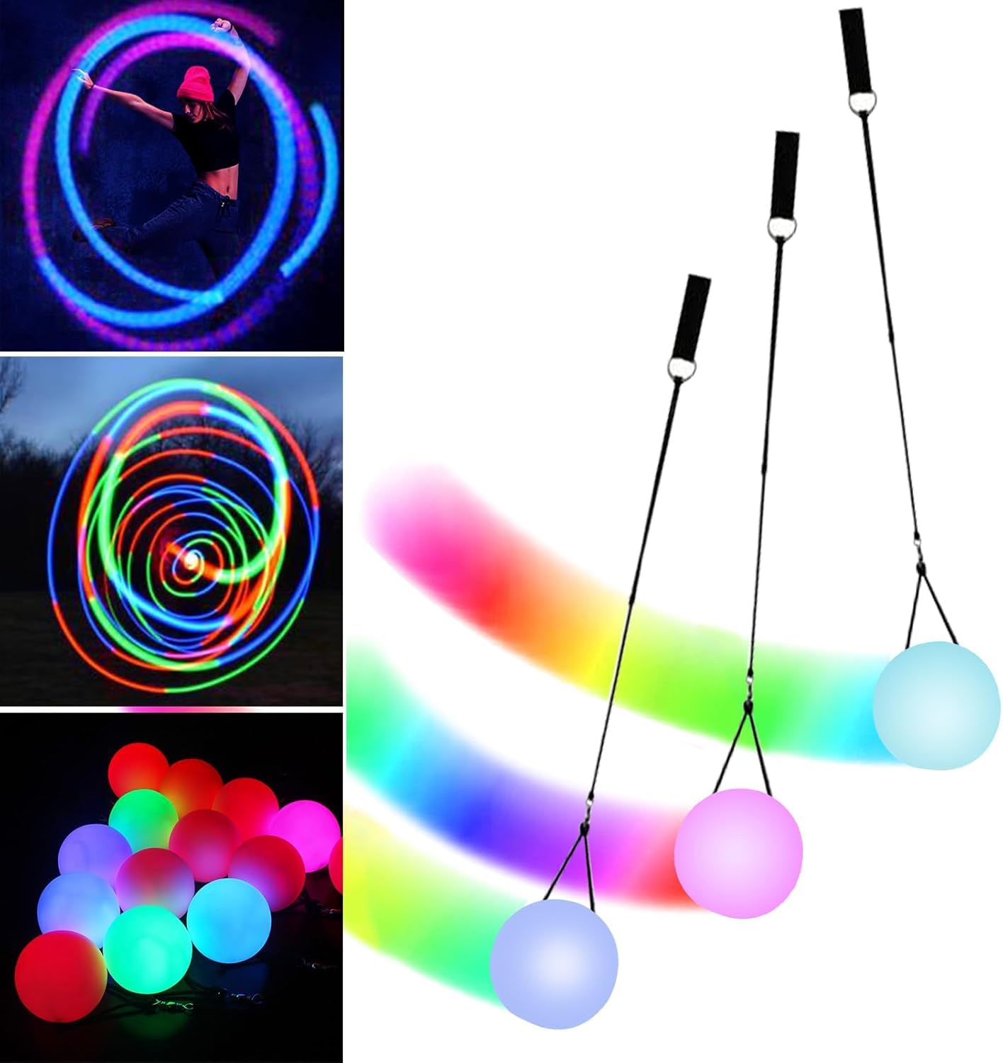 Piłki LED Poi, zestaw 3 kulek LED Glow Poi z efektem stroboskopowym, ulepszone diody LED Poi dla początkujących i profesjonalistów, piłeczki do żonglowania POI z regulowanymi podwójnymi pętlami